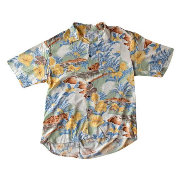 Vintage Other - Vintage Hawaiian Shirt Men XL Blue Palm Trees Yellow Hibiscus Floral